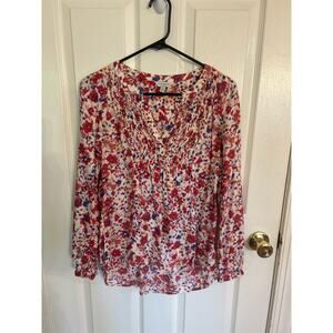Lucky Brand Womens Small Red Blue Floral Boho 3/4 Sleeves V Neck Cute Top Blouse